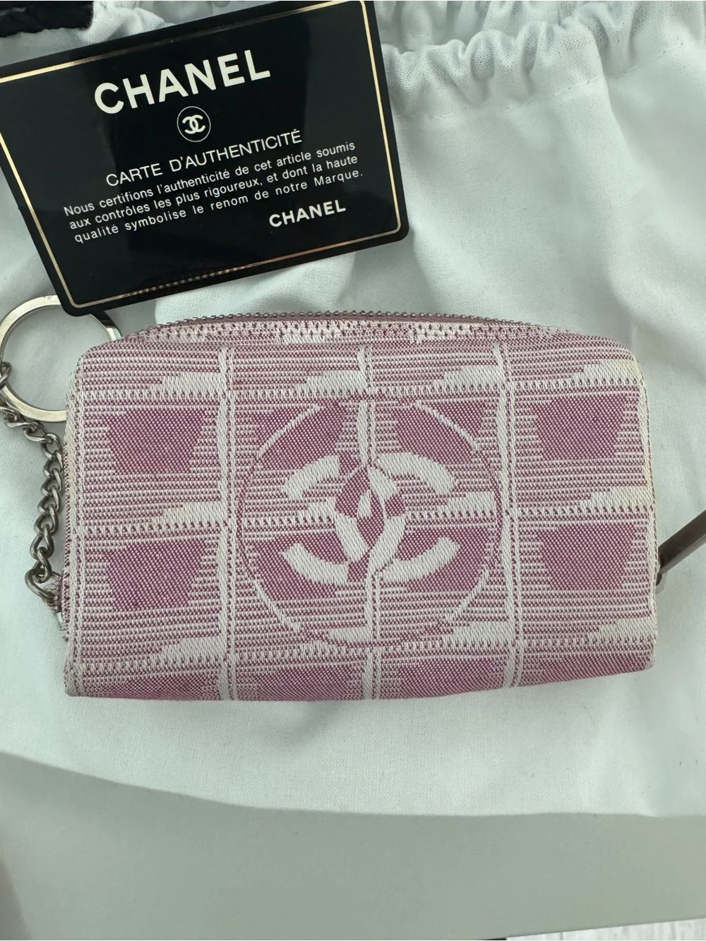 Chanel New Travel Line Coin Case Ring Mini Pouch Canvas Pink Coco